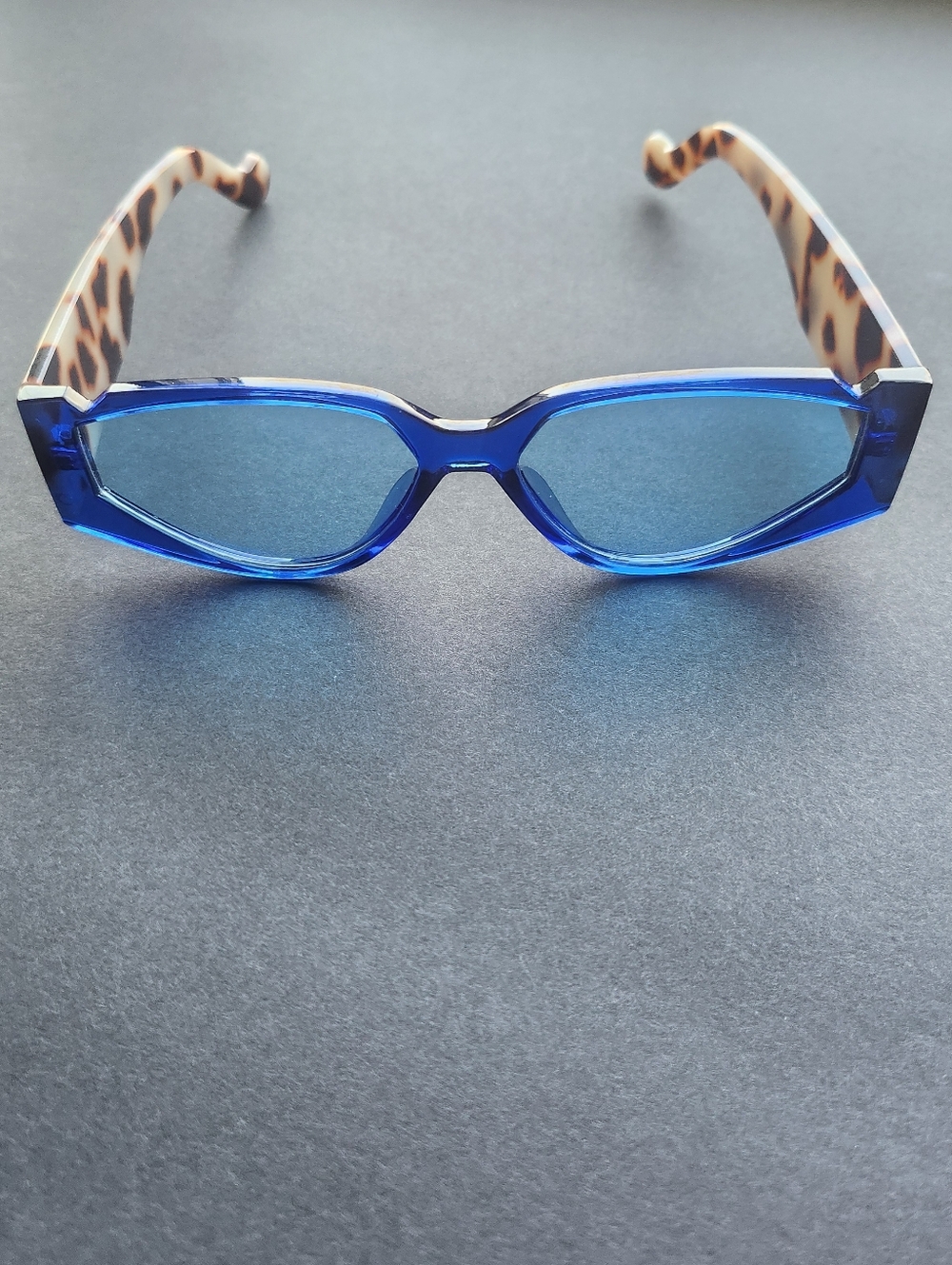 Blue Rectangular Sunglasses with Leopard Arms